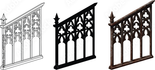 Set of gothic architectural railing designs featuring ornate medieval patterns in line art silhouette and textured styles isolated on white