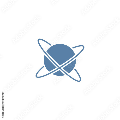 Blue planet with orbiting rings symbol.