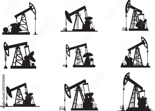 Industrial Oil Pumpjack Machines in Working Positions
