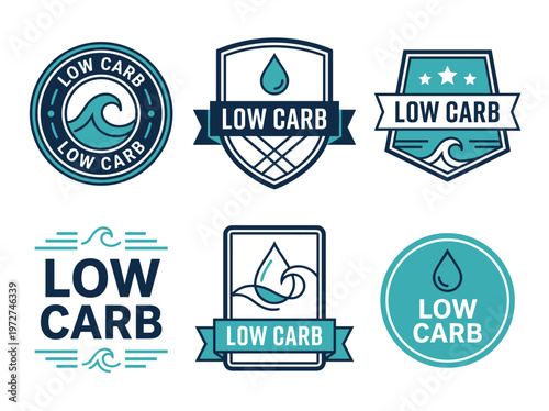 Low carb product label emblem set, abstract wave icons and clean geometric lettering