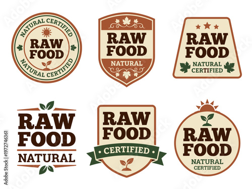 Raw food product label emblem set, natural organic sprout icons with rustic lettering