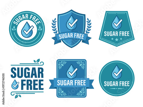 Set of sugar free product labels, modern teal badges for diet and health certification