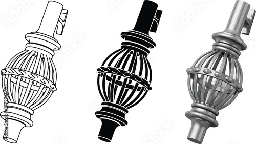 Set of ornate decorative finial elements presented in outline silhouette and 3D metallic styles ideal for architectural and interior design 
