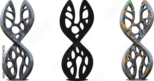 Three abstract sculptures with organic twisted forms and intricate cut-outs featuring metallic black and colorful artistic designs isolated 