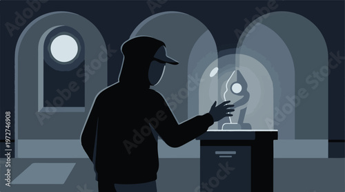 Фотография Mysterious figure reaching for a glowing artifact in a dark, minimalist museum s