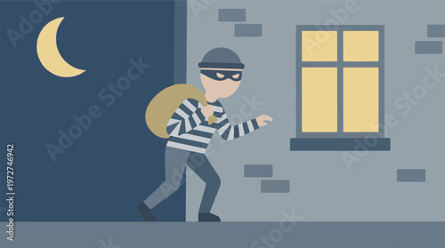 Photos Cartoon illustration of a thief sneaking away with a sack under the moonlight