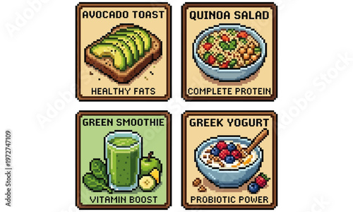 A vibrant collage of healthy food icons featuring avocado toast, quinoa salad, green smoothie, and Greek yogurt in a modern kitchen setting with fresh ingredients.