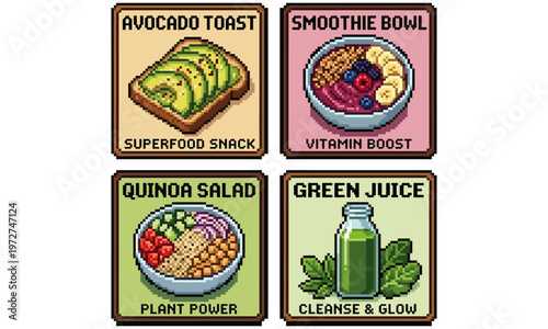 A vibrant illustration of four healthy food icons including avocado toast, smoothie bowl, quinoa salad, and green juice on a clean background.