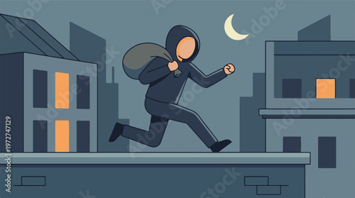Tableau sur toile Hooded thief running across city rooftops at night with stolen goods