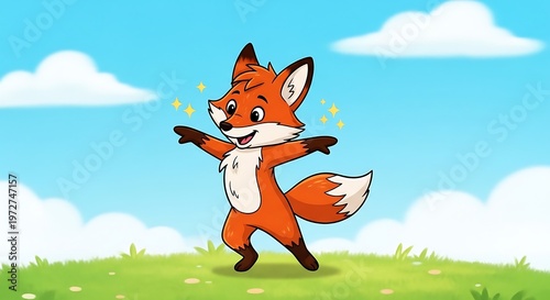 Cartoon Fox Dancing on Green Grass.