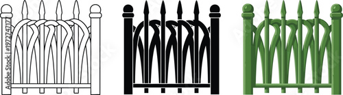 Classic decorative fence vector illustration set featuring outline solid black and green color variations ideal for architectural and garden