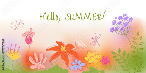 Hello Summer floral background with flowers and dragonflies, bright summer illustration