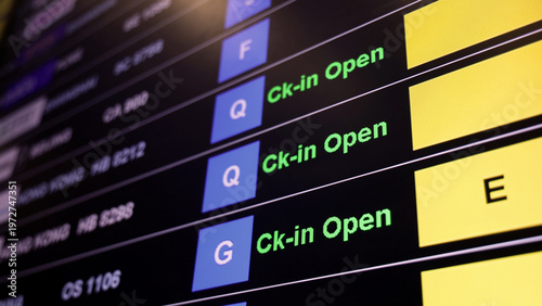 Airport display board. Airport departure information board displaying boarding gate open check in status and cancelled flights. Ideal for travel aviation tourism delay and transportation concepts.