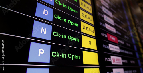 Airport display board. Airport departure information board displaying boarding gate open check in status and cancelled flights. Ideal for travel aviation tourism delay and transportation concepts.