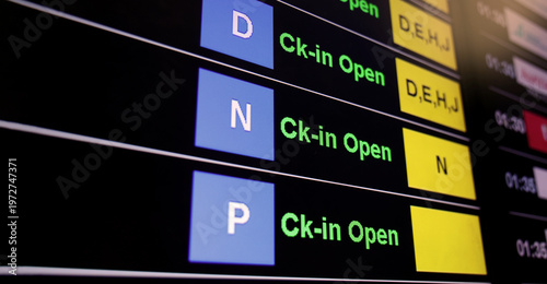 Airport display board. Airport departure information board displaying boarding gate open check in status and cancelled flights. Ideal for travel aviation tourism delay and transportation concepts.