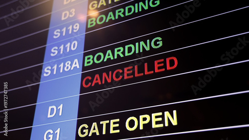 Airport display board. Airport departure information board displaying boarding gate open check in status and cancelled flights. Ideal for travel aviation tourism delay and transportation concepts.
