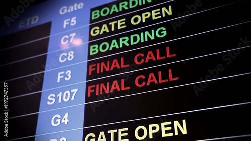 Airport display board. Airport departure information board displaying boarding gate open check in status and cancelled flights. Ideal for travel aviation tourism delay and transportation concepts.