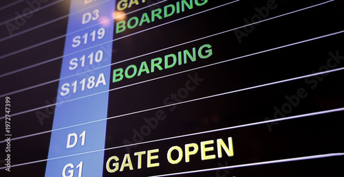 Airport display board. Airport departure information board displaying boarding gate open check in status and cancelled flights. Ideal for travel aviation tourism delay and transportation concepts.
