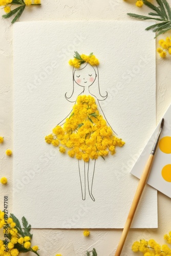Delicate illustration of a girl adorned with yellow flowers, featuring a floral dress and a smiling expression, surrounded by additional flowers and a paintbrush on a textured background