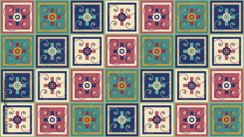 Seamless decorative pattern with vibrant geometric and floral tiles. Intricate motifs in deep red, teal, dark blue, and cream hues create a classic ornate, traditional, and vintage