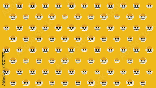 Seamless pattern of playful cartoon skull faces, a whimsical vector illustration featuring stylized beige and dark brown heads on a vibrant yellow background, perfect for fabric, wallpaper,