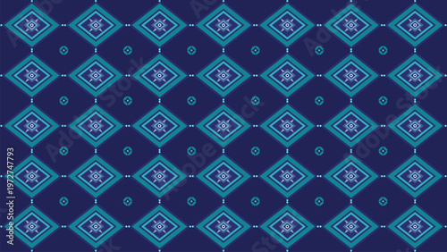 Seamless geometric pattern with abstract diamonds and small circles on a deep navy blue background. Vibrant teal, light blue, and white accents create a sophisticated, calm, modern
