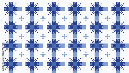 Seamless geometric pattern with abstract blue crosses, squares, circles, and diamonds on a clean white background, a modern minimalist decorative design ideal for fabric, textile,