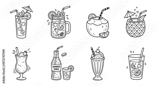 Summer Drinks Cocktails Doodle Line Art Illustrations Set. Refreshing Hand Drawn Beverages Collection for Tropical Vacation, Beach Party, Menu, Advertising, and Seasonal Marketing Promotions.