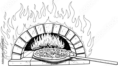 Pizza Oven with Hot Flames and Fresh Pizza Peel Isolated White fire cooking