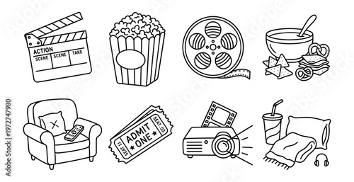 Movie Cinema Home Entertainment Outline Vector Icons Set. Doodle line art collection of film production, movie night, and relaxation elements for web design, apps, and marketing materials.