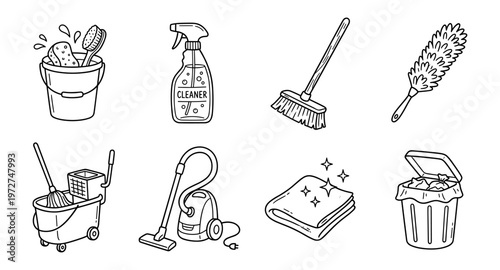 Cleaning Tools Doodle Icon Set. Hand Drawn Housework Supplies for Domestic Sanitation, Professional Services, Home Maintenance, Web, App, and Marketing Design.