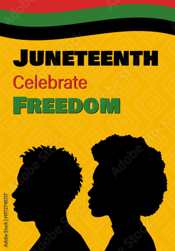 Juneteenth Celebrate Freedom Poster with African American Silhouettes and Pan African Colors, Black History Concept