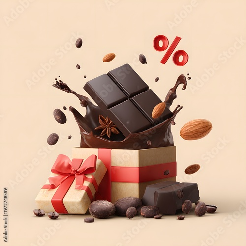 A luxurious chocolate gift box with almonds and cocoa beans