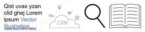 Business analysis, data research, technology, CRM solutions, information management, education. Visual includes a CRM cloud, magnifying glass and open book icons. Business analysis and data research