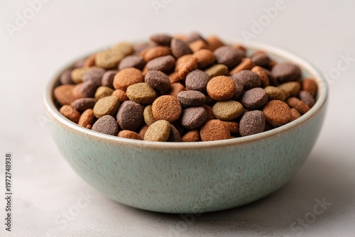Small ceramic bowl filled with cat food sits on a kitchen countertop. The light shines on the bowl, showing various shapes and colors of the food. It is a bright and clear day