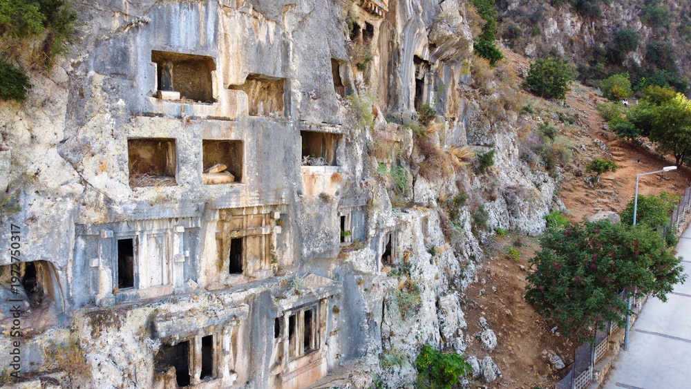 Fototapeta premium Ancient Amintas Rock Tombs Carved into Cliffs in Telmessos Fethiye Turkey