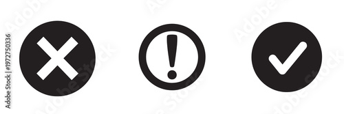 Solid black icon bundle featuring negative cross warning exclamation point and positive check mark for app status.