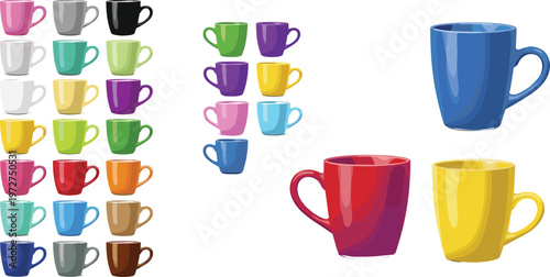 Colorful Mug Set, Various Drinkware Designs in Different Colors for Kitchen and Beverage Illustrations