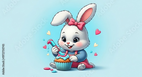 Cute cartoon bunny decorating colorful cupcake.