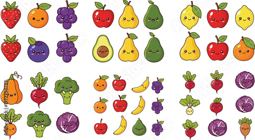 Cute Cartoon Fruits and Vegetables Set with Faces, Playful Illustrations of Fresh Produce for Kids’ Designs