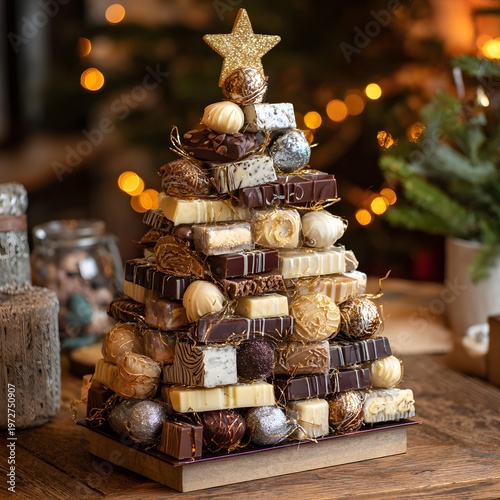 A festive Christmas tree made of assorted chocolates and sweets