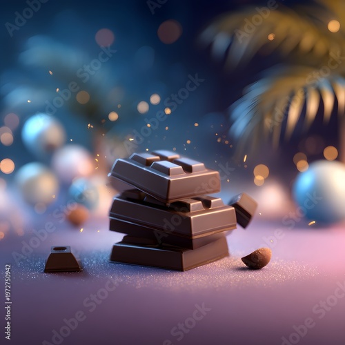 A stack of chocolate bars on a colorful background with palm trees