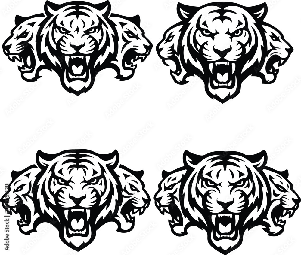 Fototapeta premium Set of 4 tiger 3 head logo vector transparent