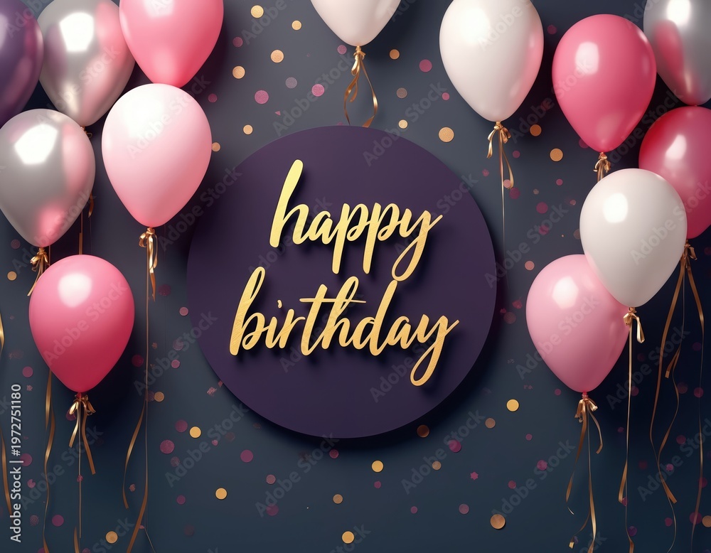 Obraz premium Happy birthday text on purple circle with pink gold white balloons and confetti. Party background for celebration event. Festive greeting card.