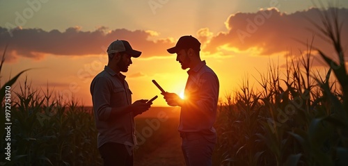 Two men in caps hold tablets, looking at each other. They stand in cornfield at sunset. Sunlight shines between them. One man wears collared shirt. Others wear shirts. Farmers talk about agriculture.