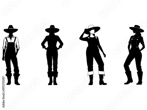 collection of female farmer characters in fullbody front silhouettes, vector set showing diverse rural work attire and postures