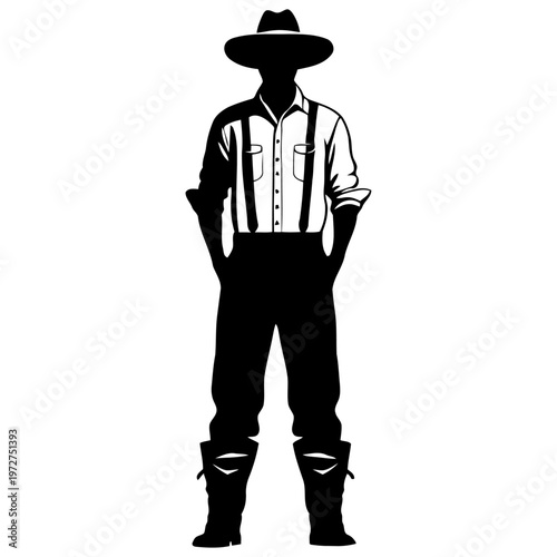 rural occupation character design featuring a male farmer in fullbody front silhouette, clean vector work attire illustration