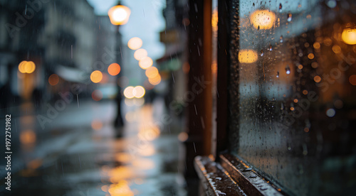 Rainy Window with Water Droplets Overlooking a Blurred City Street at Twilight, Featuring Warm Bokeh Lights and a Moody, Atmospheric Urban Environment