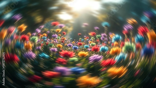 Vibrant flowers with a captivating radial blur motion effect in a dreamy