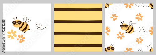 Cute bee and striped seamless pattern set floral pastel honey background design.